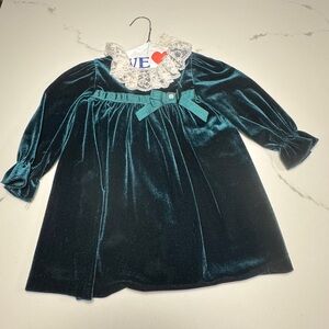 Girls' Teal Velvet Lace-Collar Formal Dress